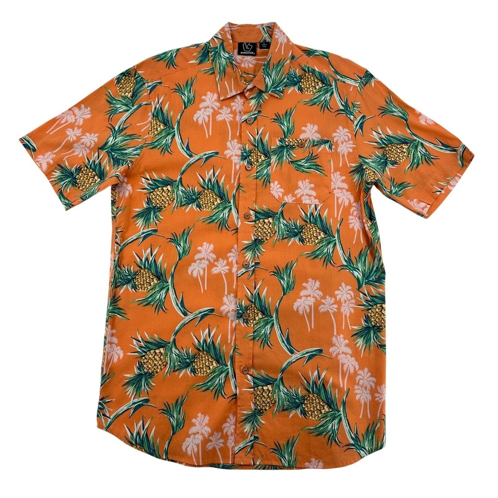 Burnside Men Size L Orange Pineapple Palm Tree Hawaiian Shirt Button Up Hawaiian